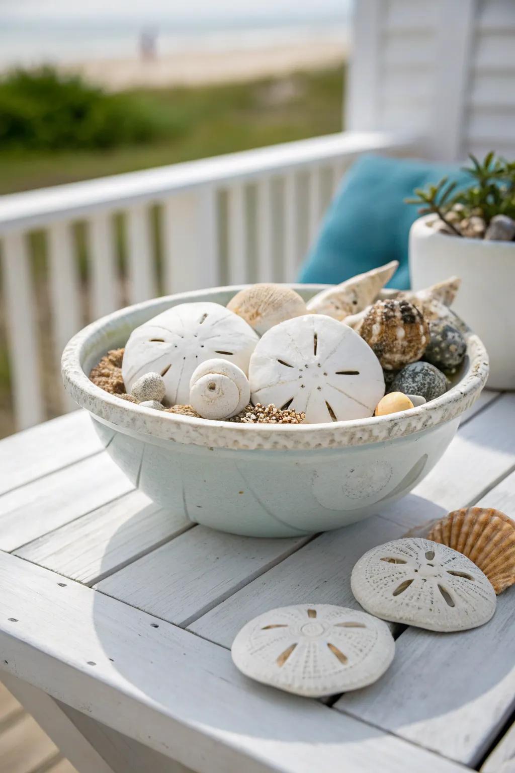 A coastal-themed bowl brimming with beach treasures