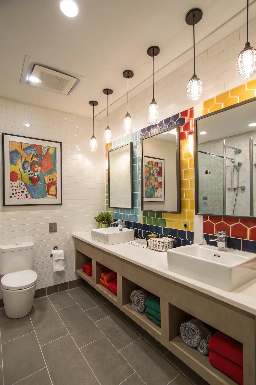 Contemporary lighting adds a modern touch to a boys' bathroom.