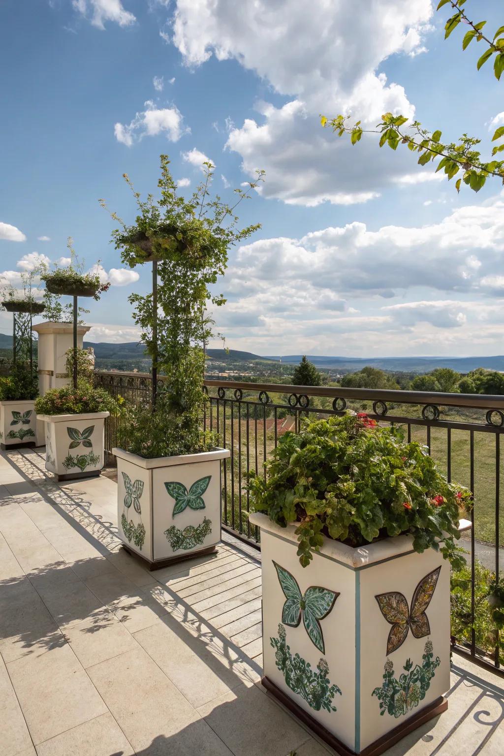 Butterfly planters add a whimsical touch to greenery.