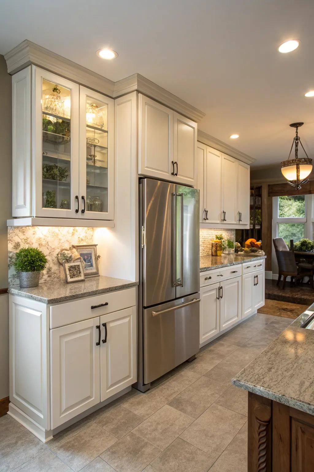 Custom cabinets above the fridge present a bespoke and harmonious aesthetic.