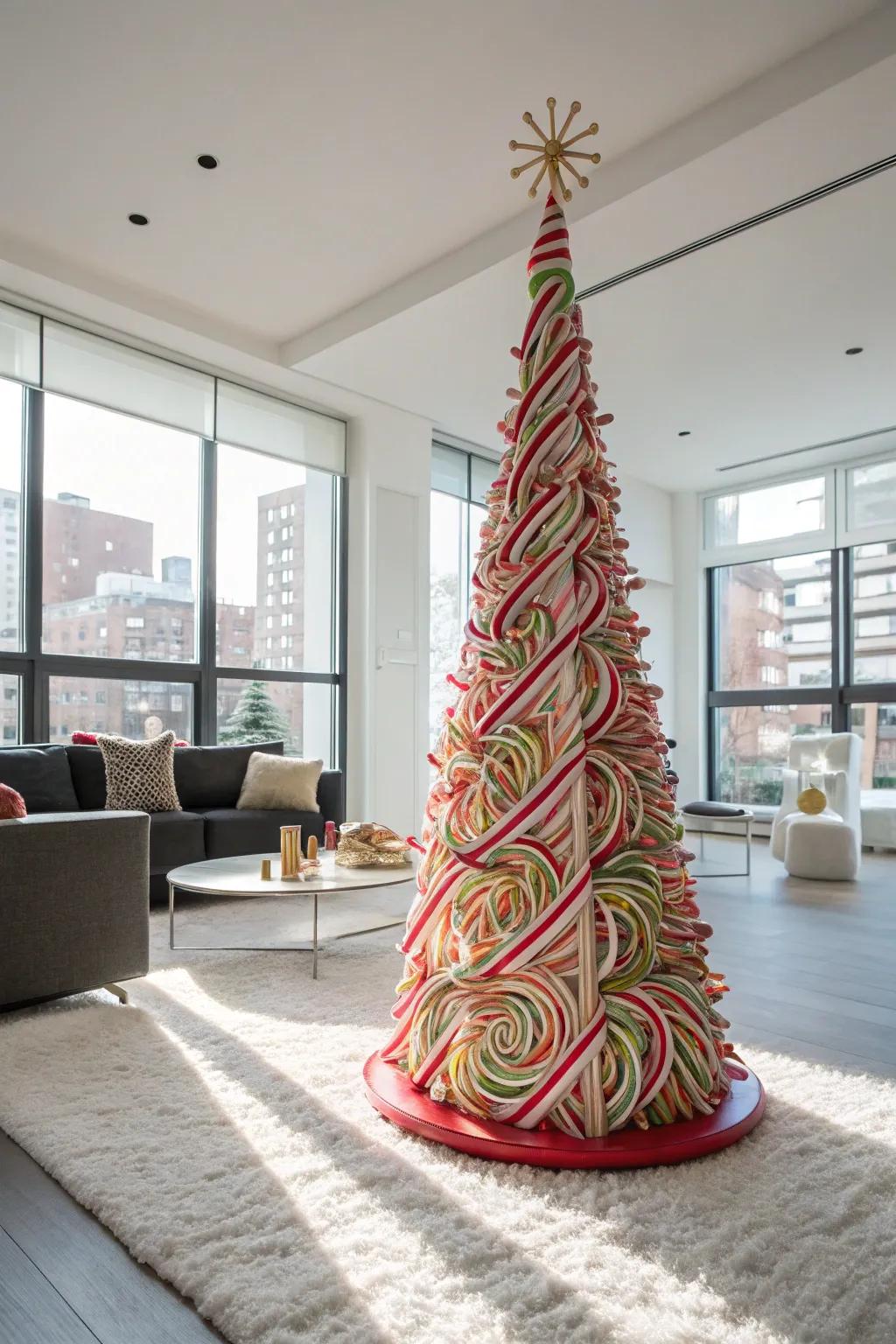 An innovative candy cane tree shape for a surprising holiday display.