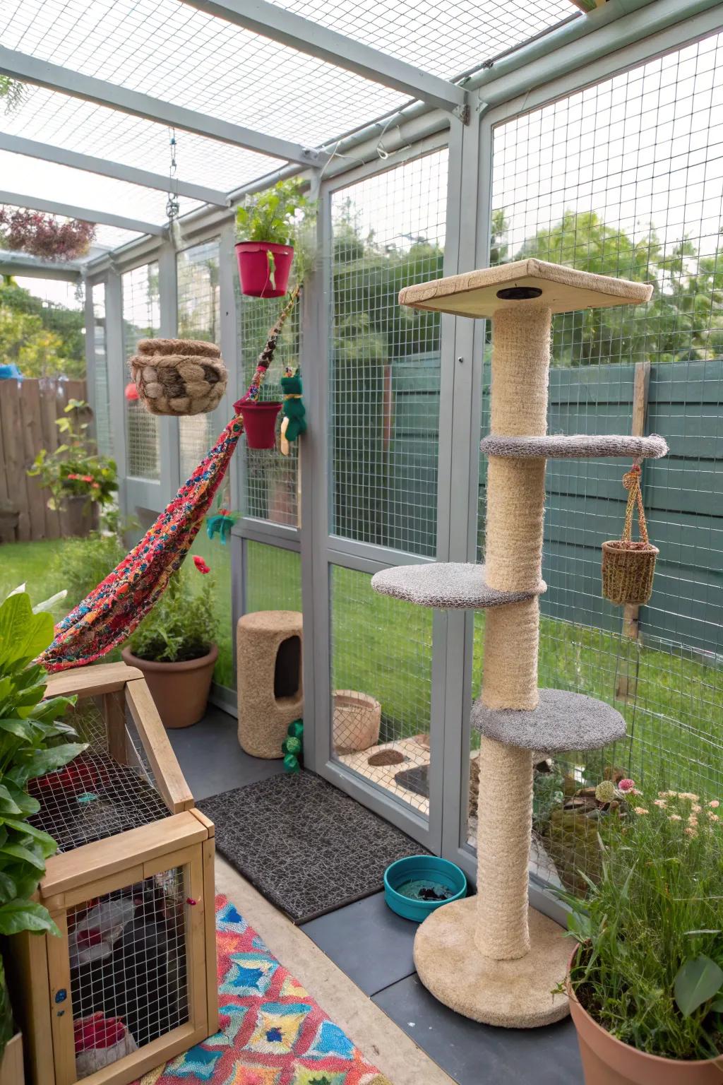 Sensory zones in a catio that stimulate a cat’s senses with materials and fragrances.