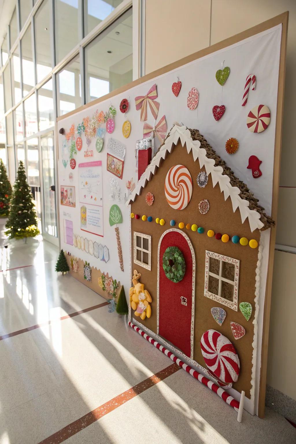 Create a charming gingerbread house display for your board.