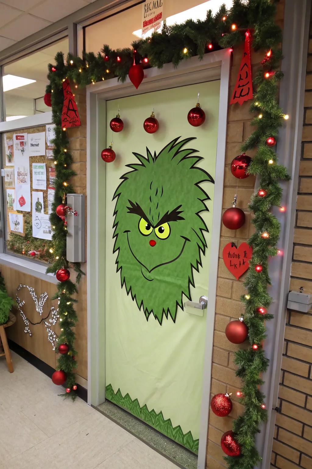 A playful Grinch face brings humor to this holiday door decor.