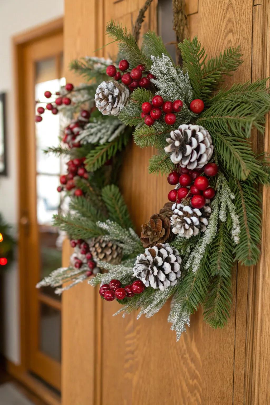 A nature-inspired garland overflowing with cranberries and frosted cones from conifers.