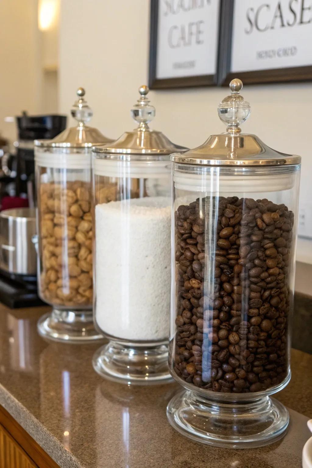Elegant storage using glass jars makes for a tidy appearance.