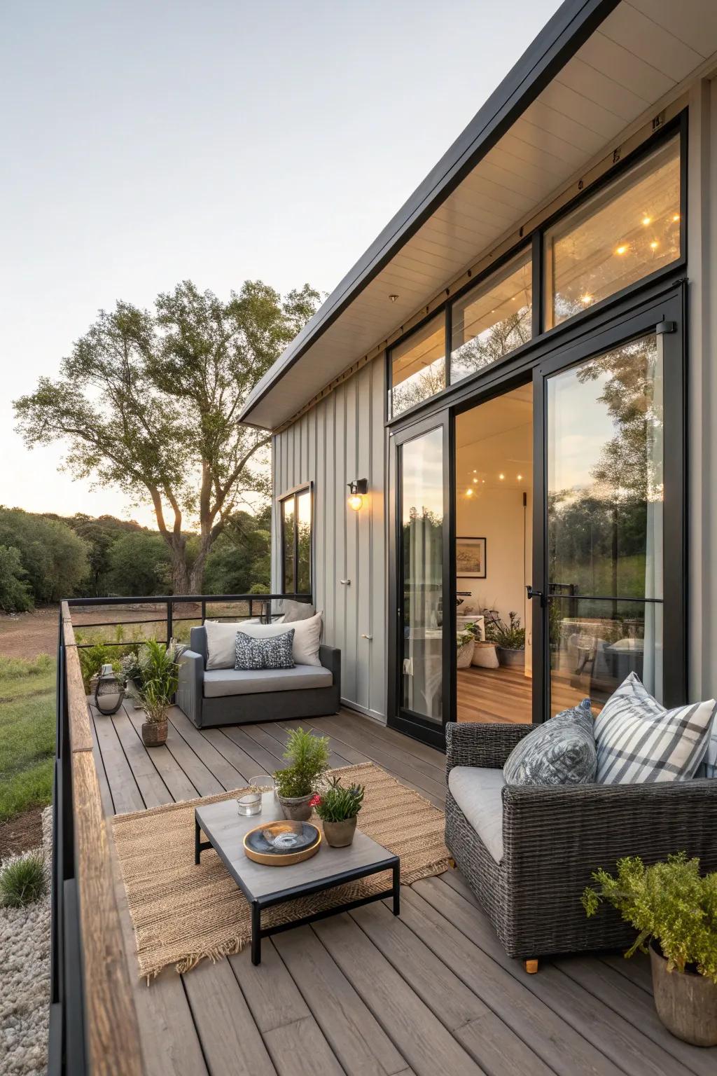 A container home with a cozy and functional outdoor living area.