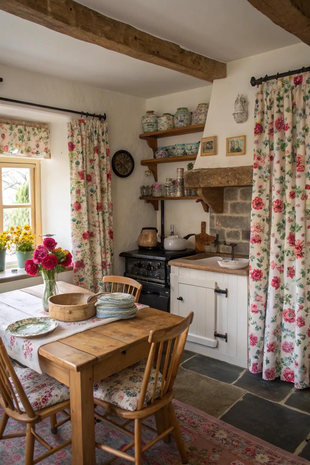 Floral fabrics enhance the cozy feel of this cottage kitchen.