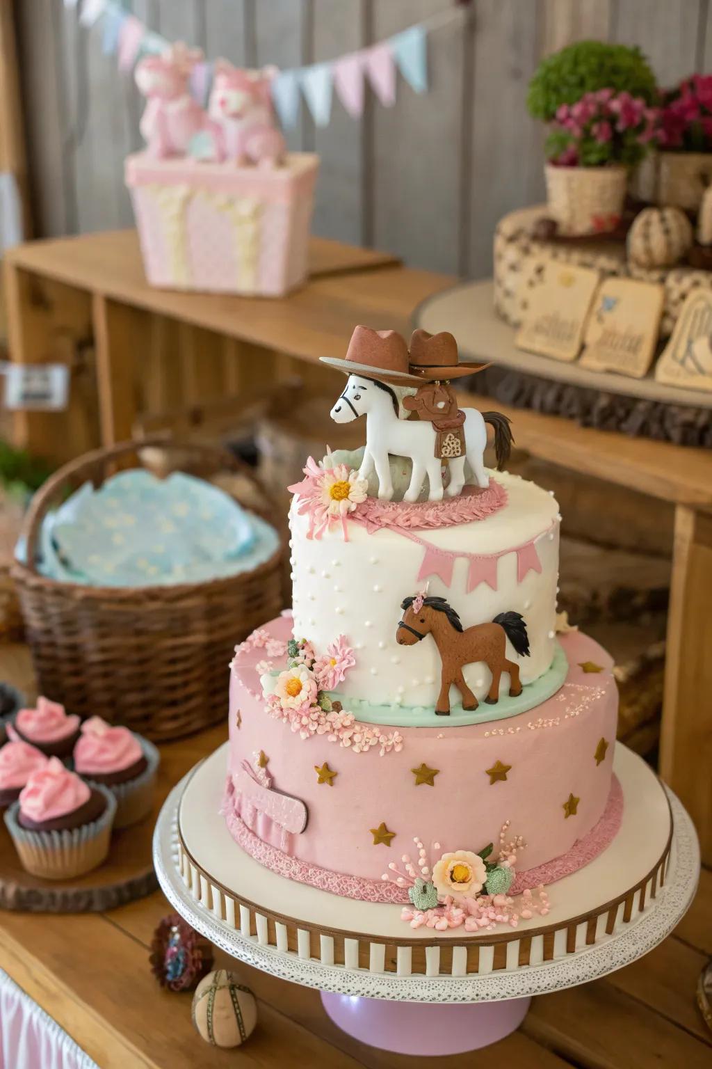 Pony figures add a whimsical and joyful touch to this cowgirl baby shower cake.