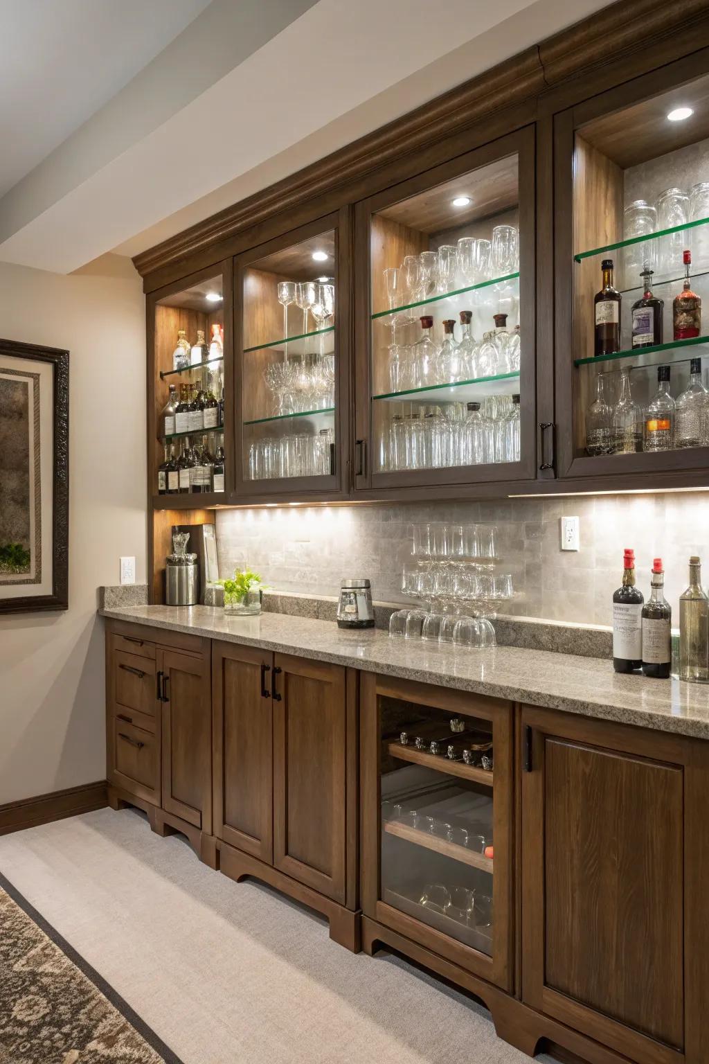 Functional storage with built-in shelves and cabinets in a home bar.
