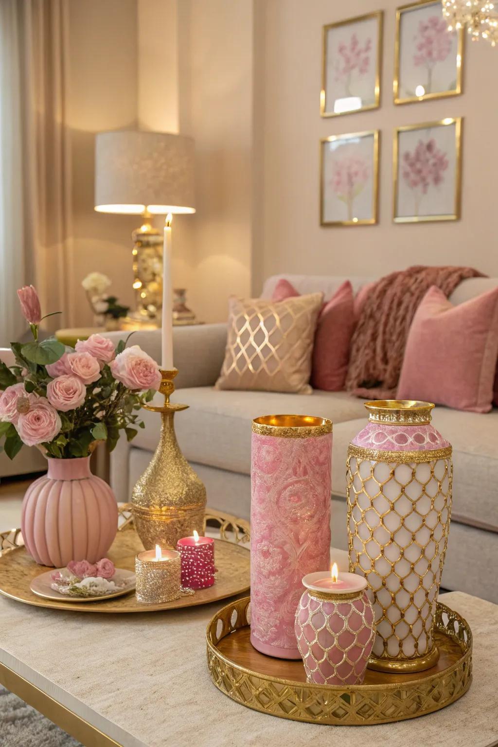 Pink and gold accents add a touch of glamour to the living room.