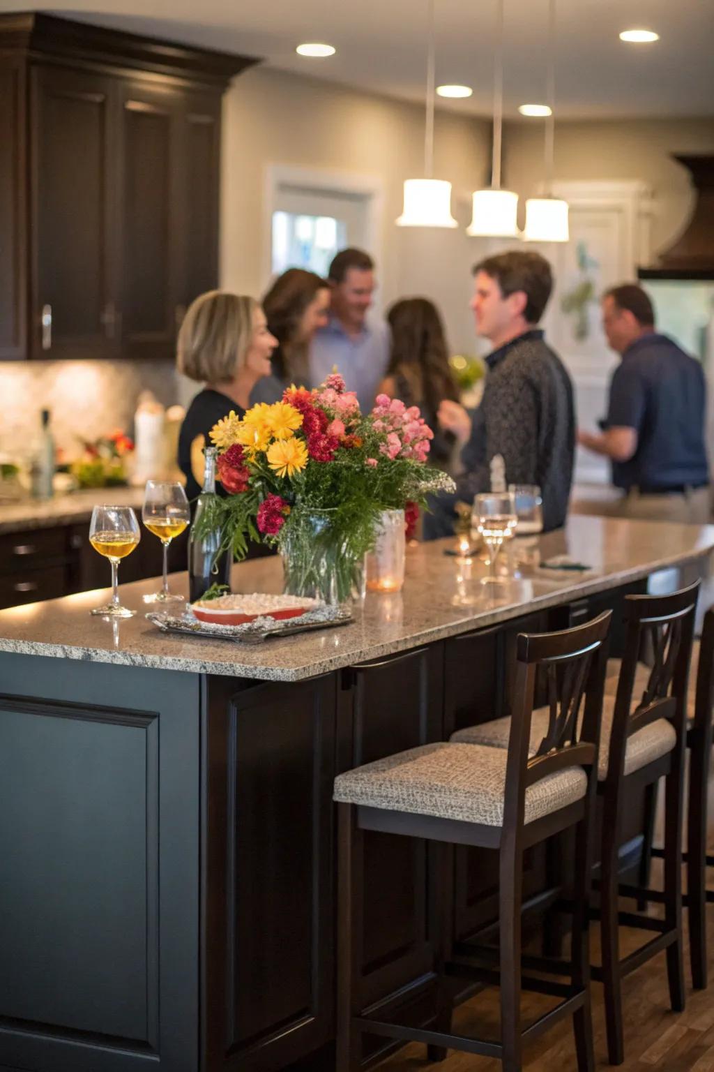 A dark cabinet island provides a stylish spot for gatherings.