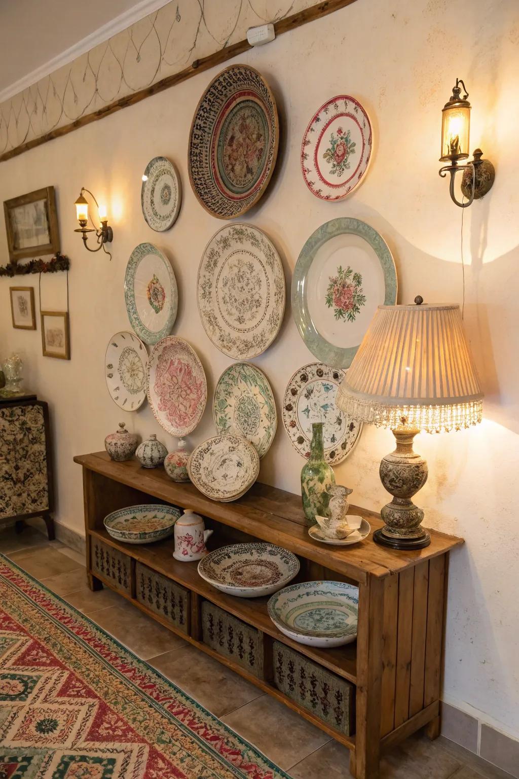 Vintage plates add a nostalgic touch to the decor.