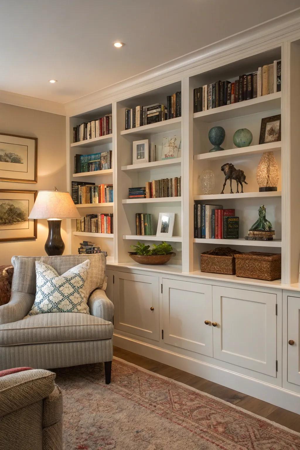 Integrated shelves include storage and sophistication.