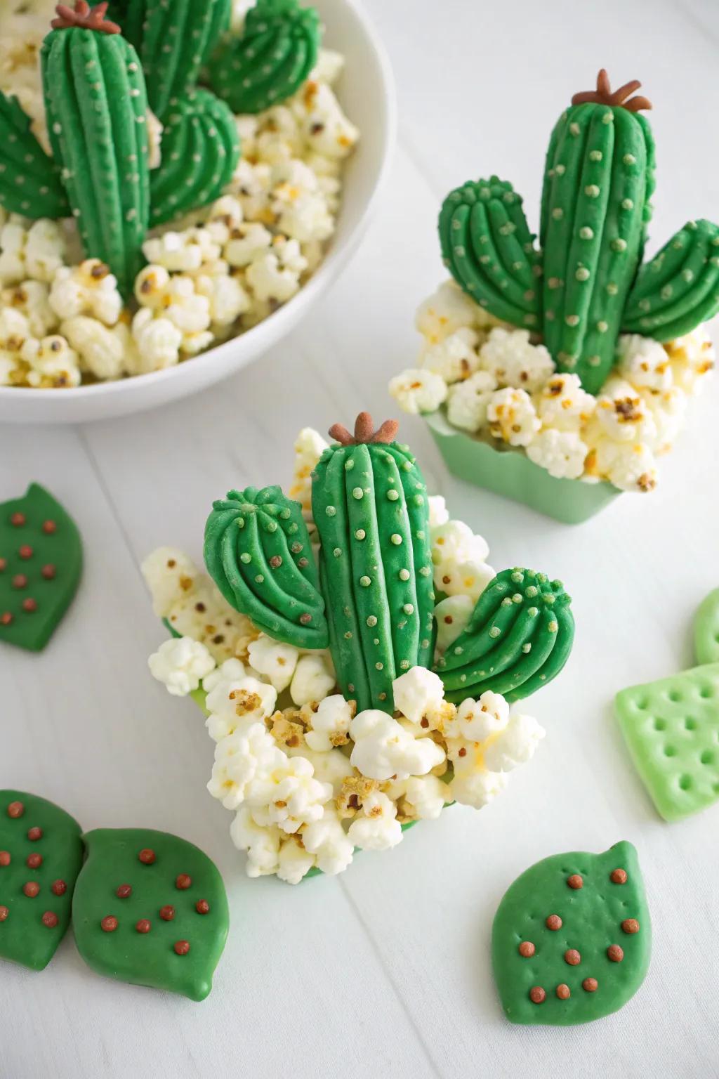 Popcorn treats shaped like cacti using green candy melts.