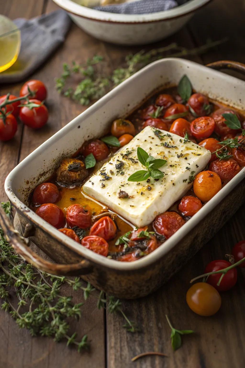 Baked feta with cherry tomatoes, a Mediterranean delight.