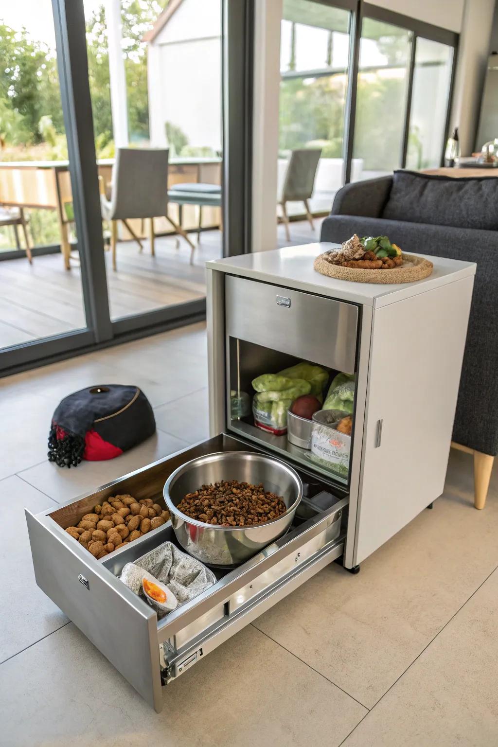 An integrated unit that combines feeding and storage in a sleek, modern design.