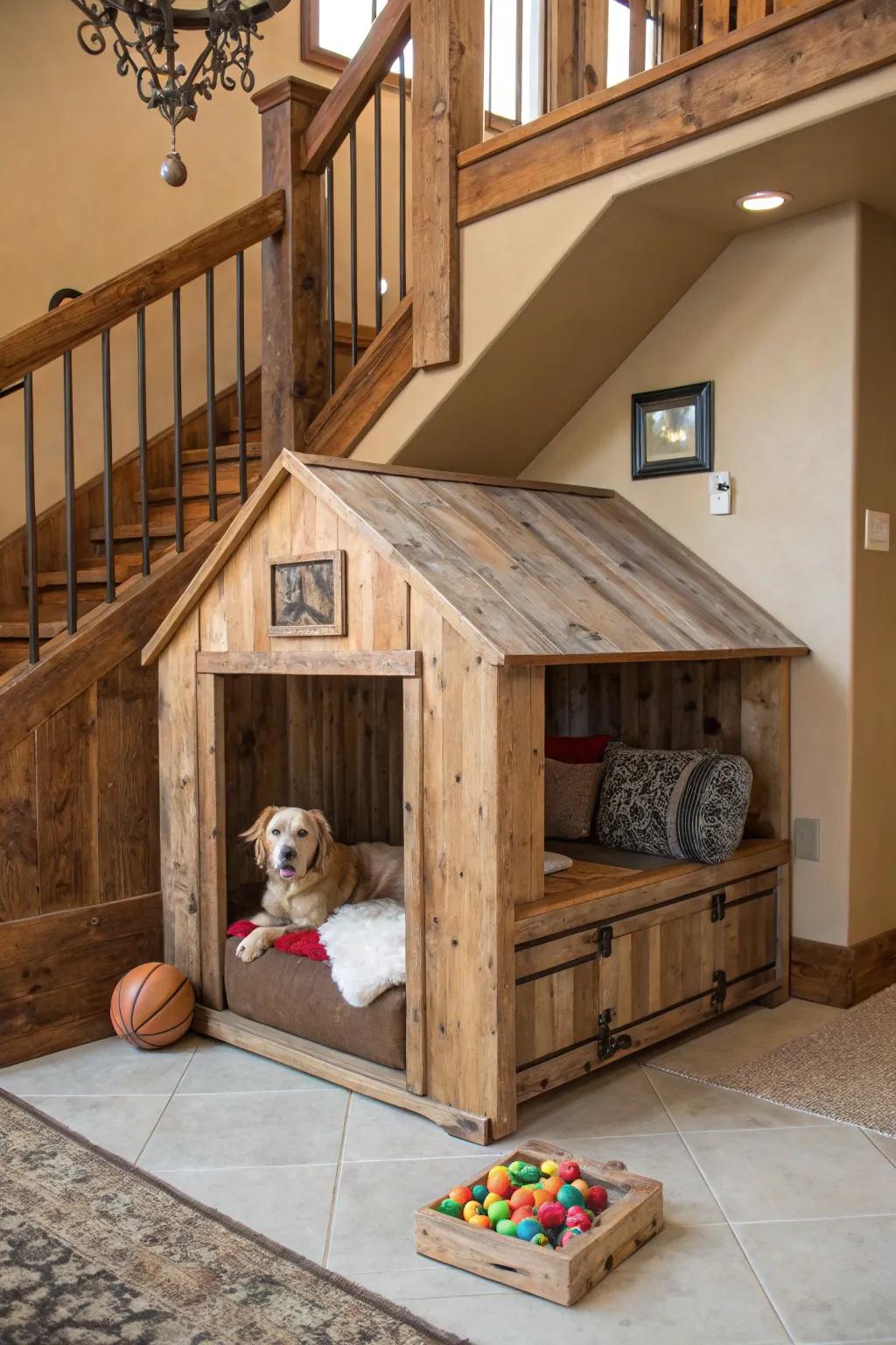 A DIY dog nook fashioned from reclaimed timber introduces rustic charm and personalized flair.