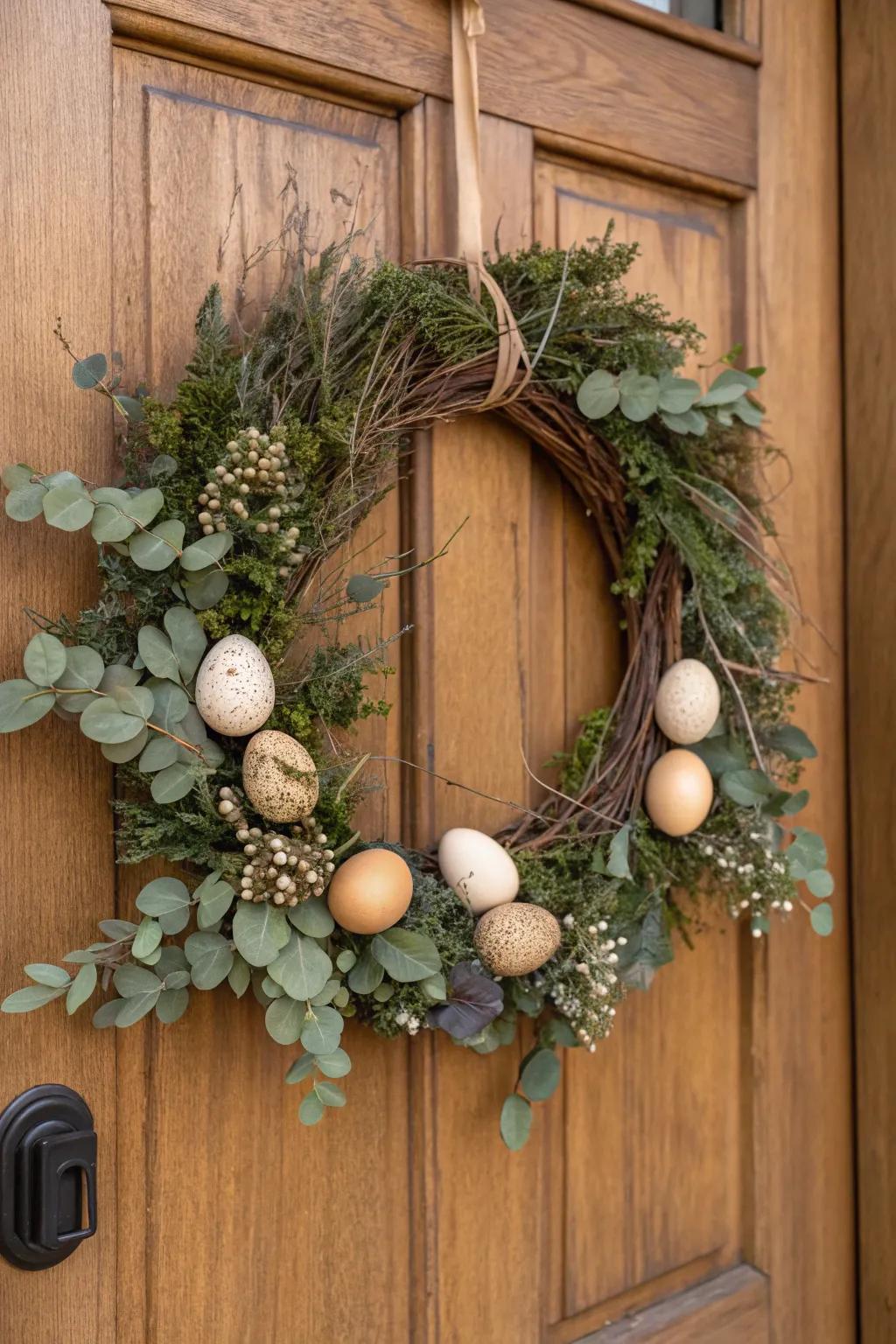 A simple Easter wreath featuring wooden eggs, adding natural charm to your decor.