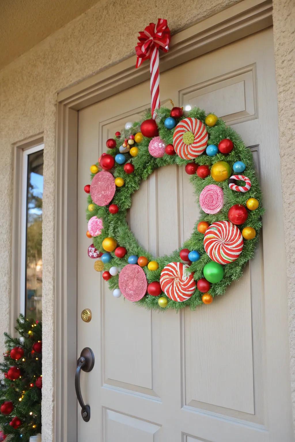 A candy-themed wreath adds a sweet welcome to any home.