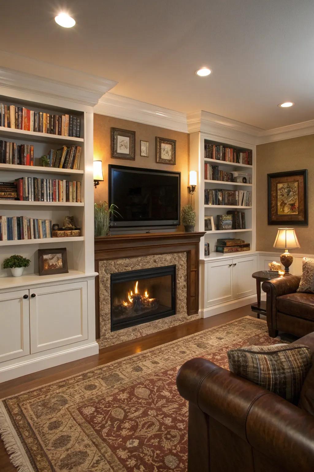 Built-in shelves add storage and style to your fireplace and TV setup.