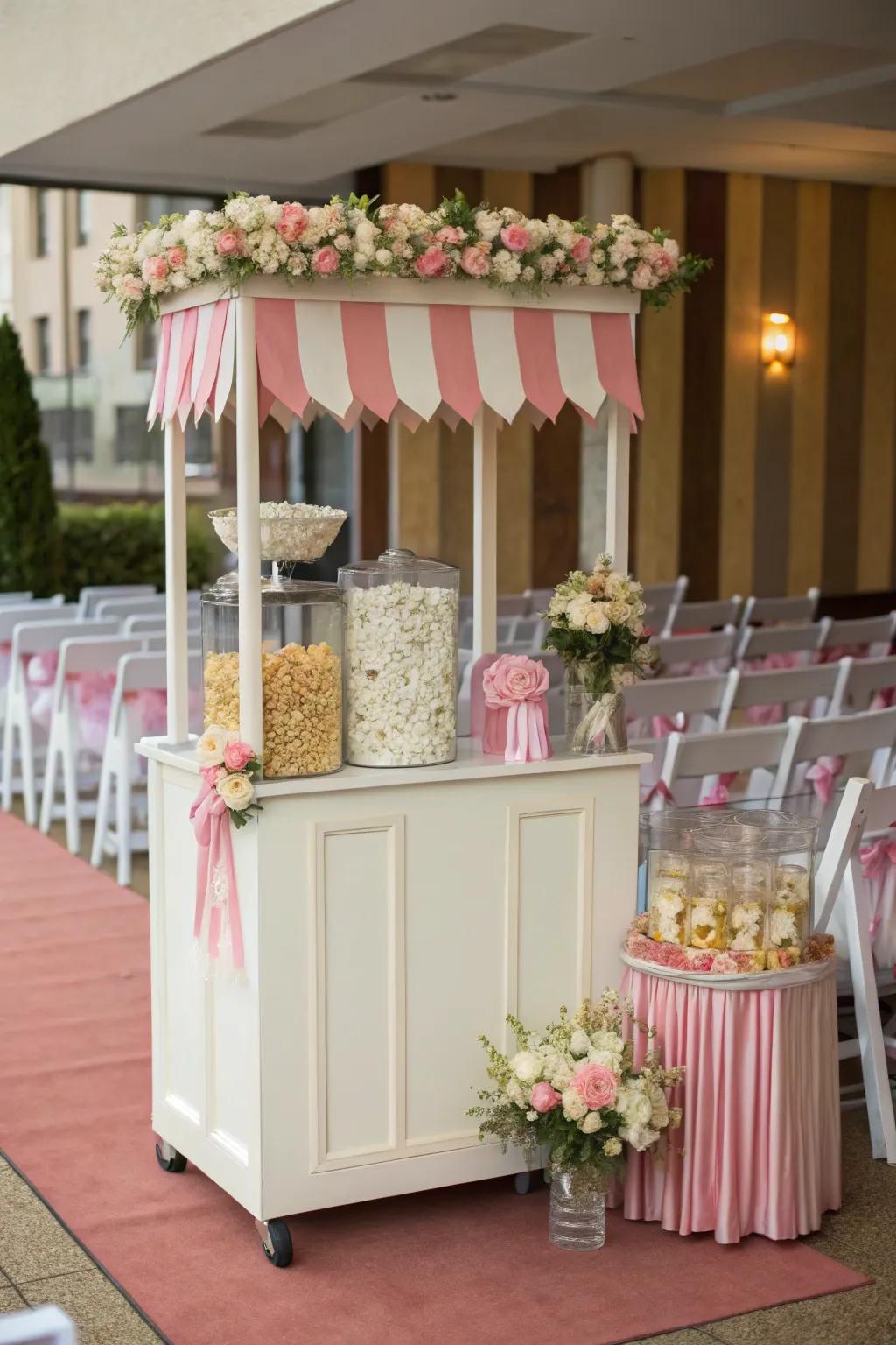 A themed popcorn station design that ideally corresponds with the wedding's palette and decoration.