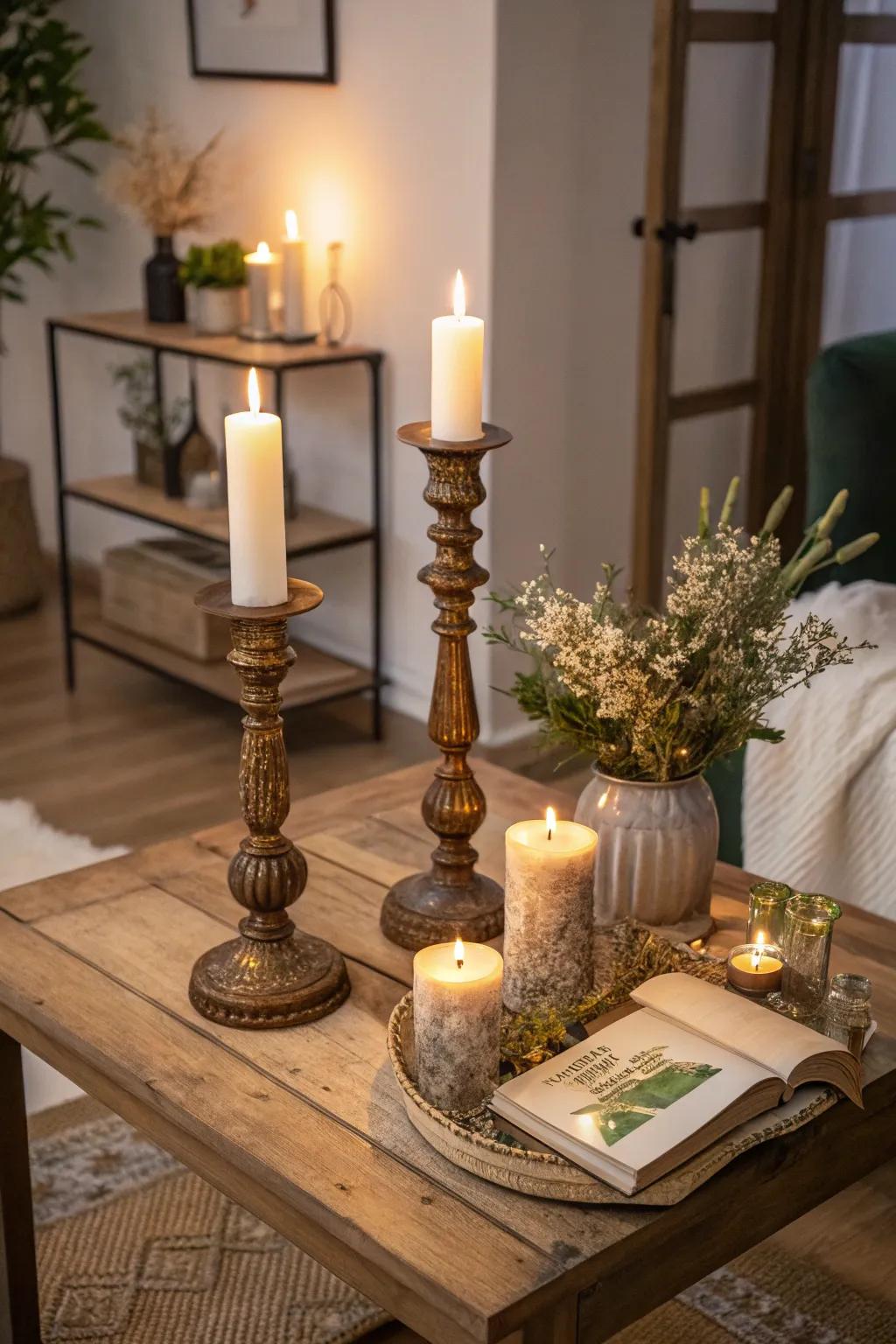 Candles in elegant holders add warmth to an end table.