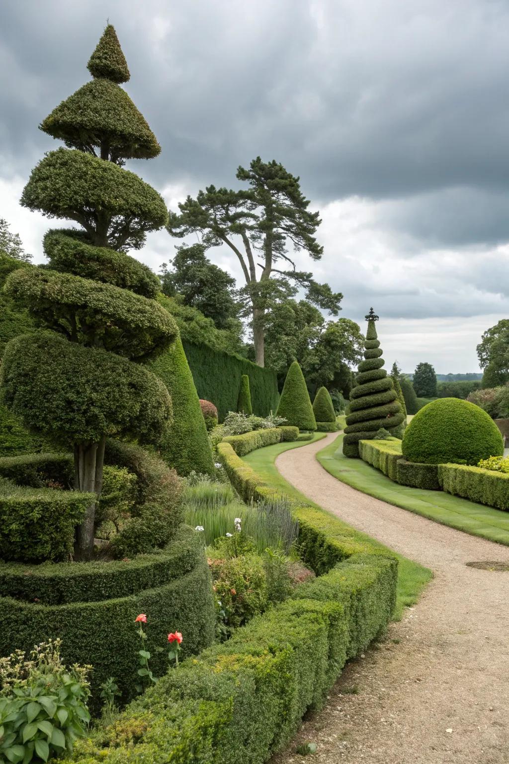 Elegantly shaped hedges and topiary adding structure.