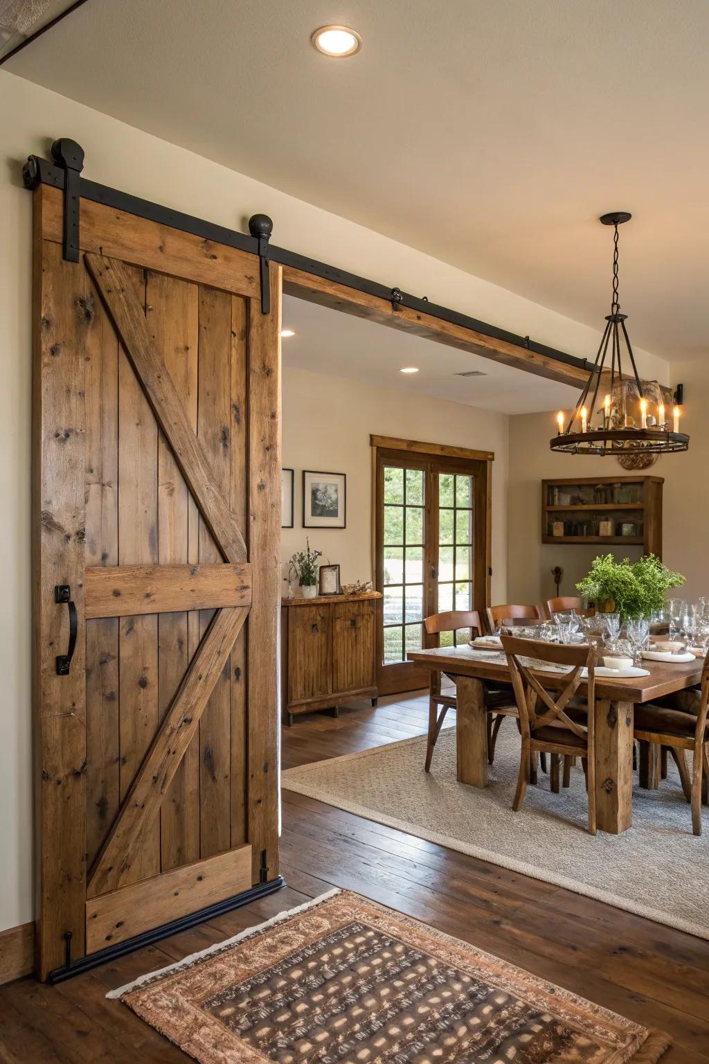 A barn door adds character and functional style to this farmhouse dining room.