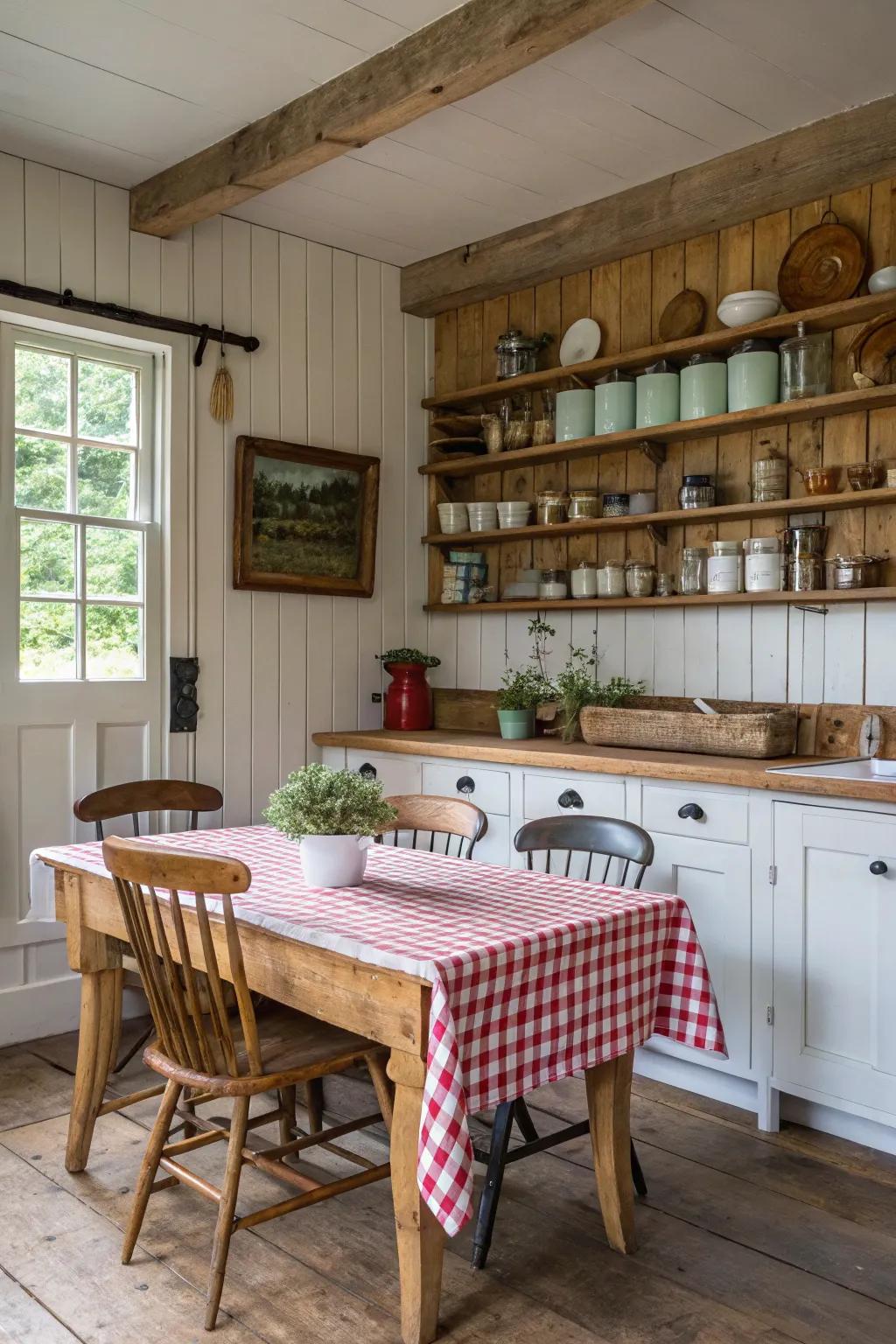 A mix of wood tones creating depth in a farmhouse kitchen setting.