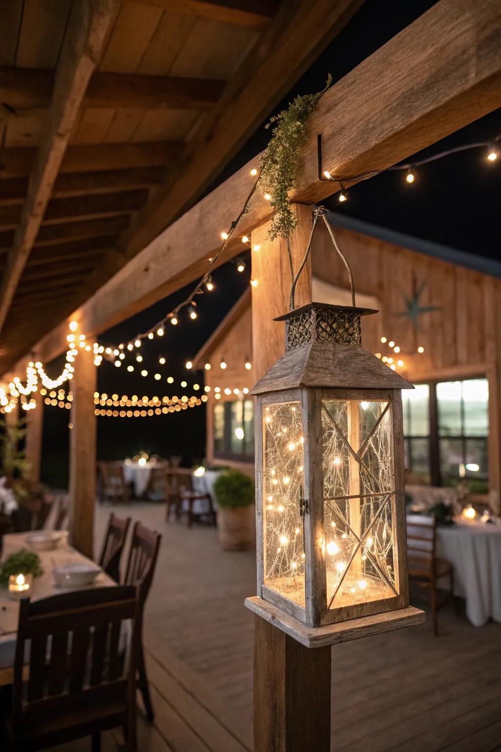 String lights inside lanterns create a magical glow.