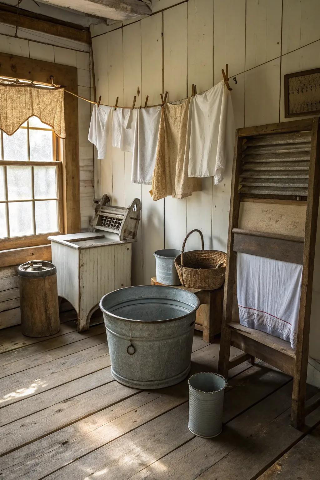 Metal fixtures add an industrial touch to the rustic charm of this laundry room.