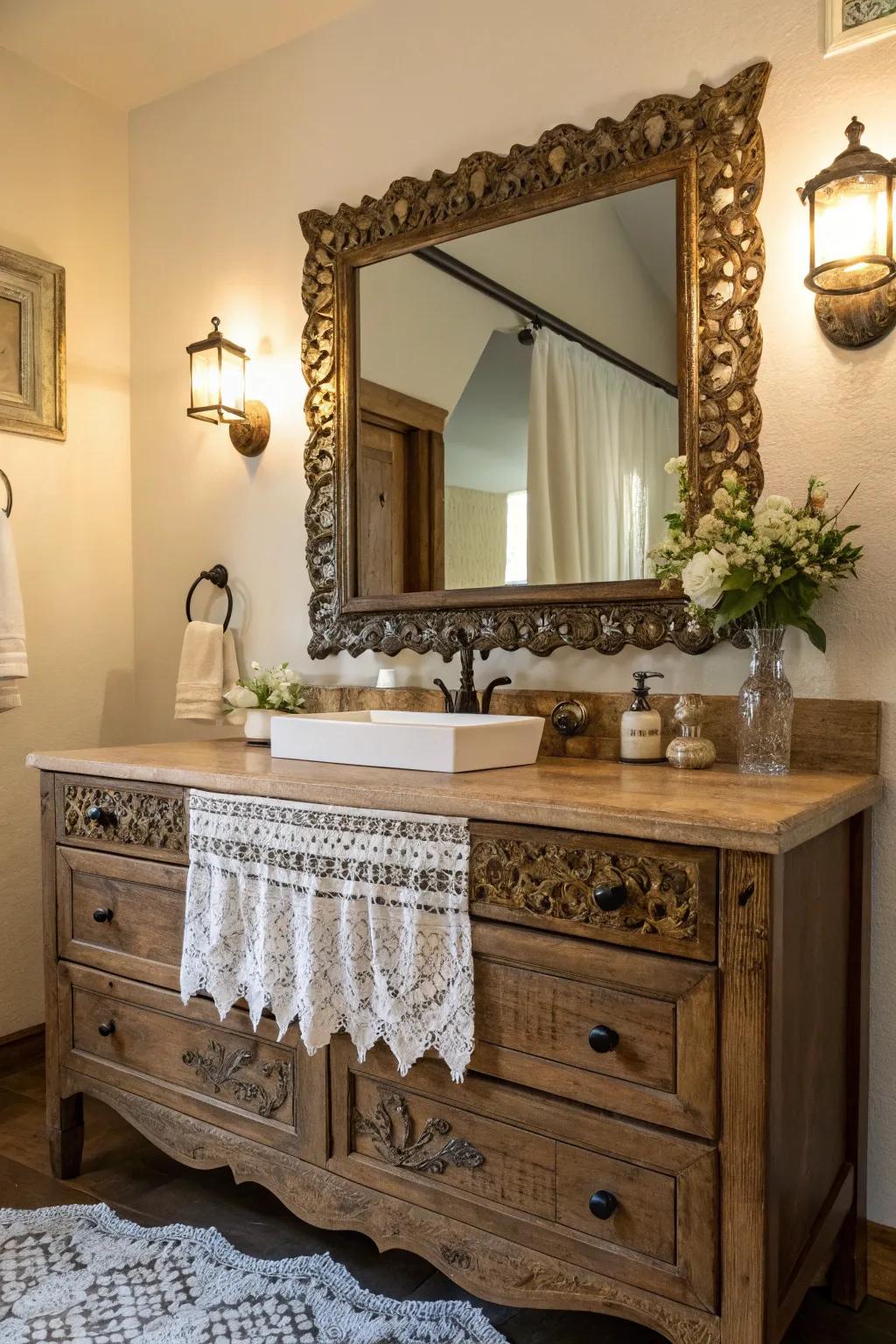 An ornate mirror serves as a breathtaking focal point.