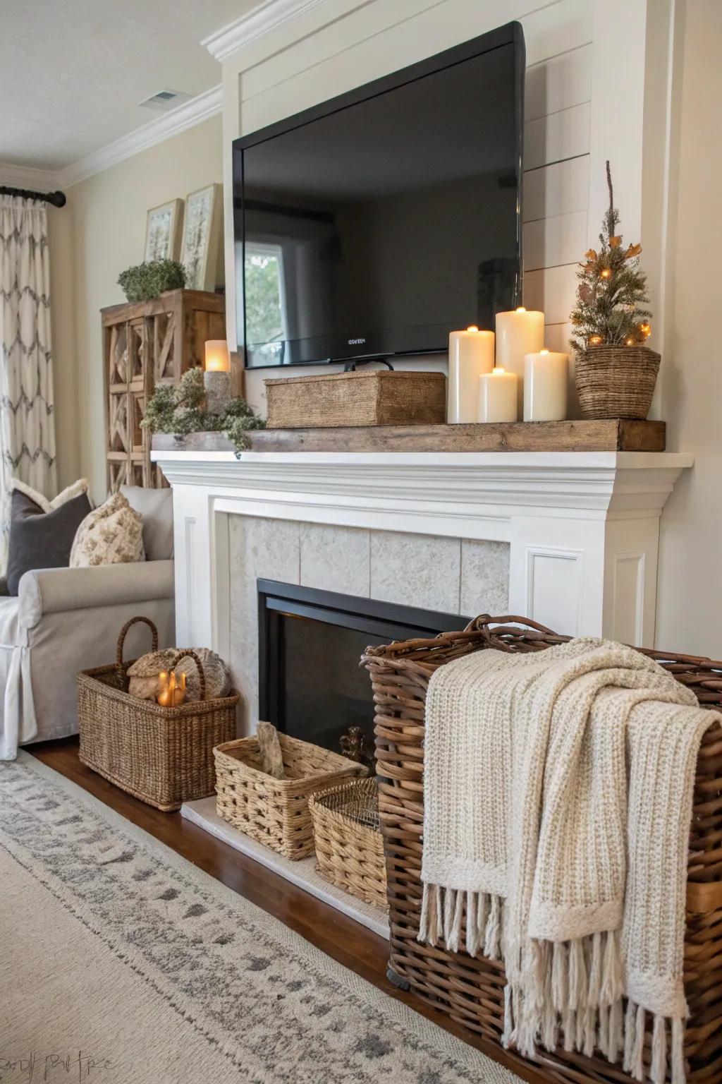 A textured display on a farmhouse mantel with a TV above, showcasing baskets and soft textiles.