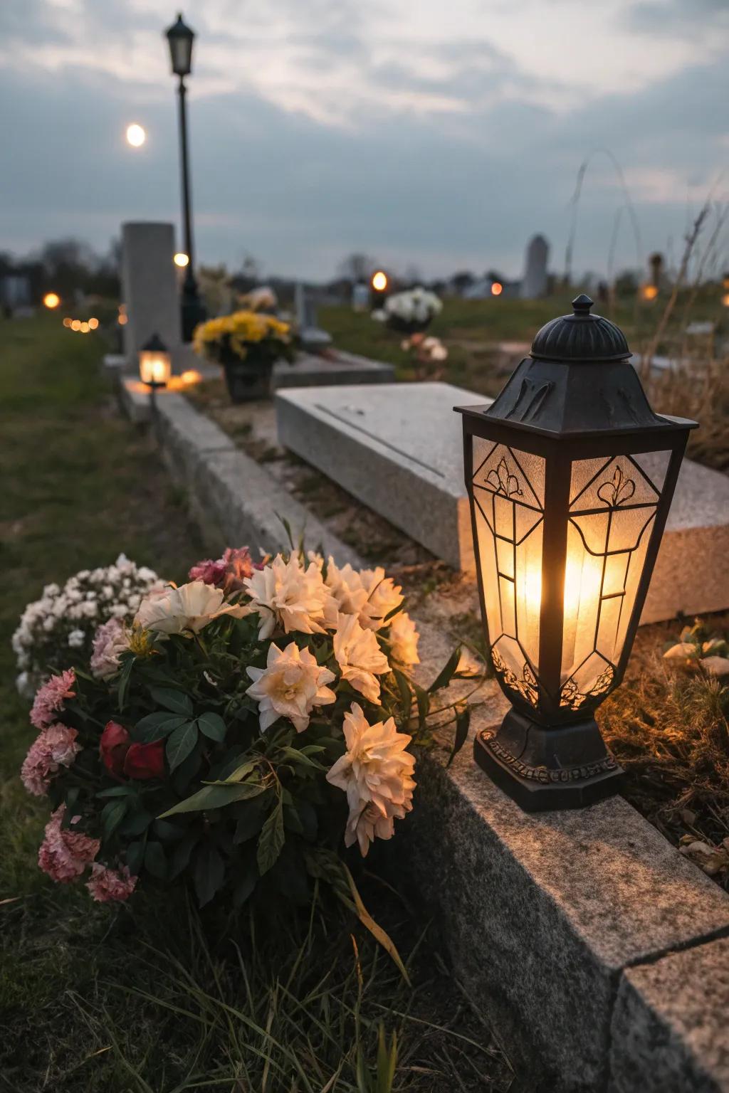 A solar lantern casting a gentle glow at twilight.