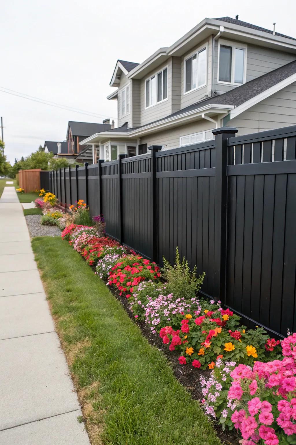 A sophisticated black vinyl fence adds modern flair.