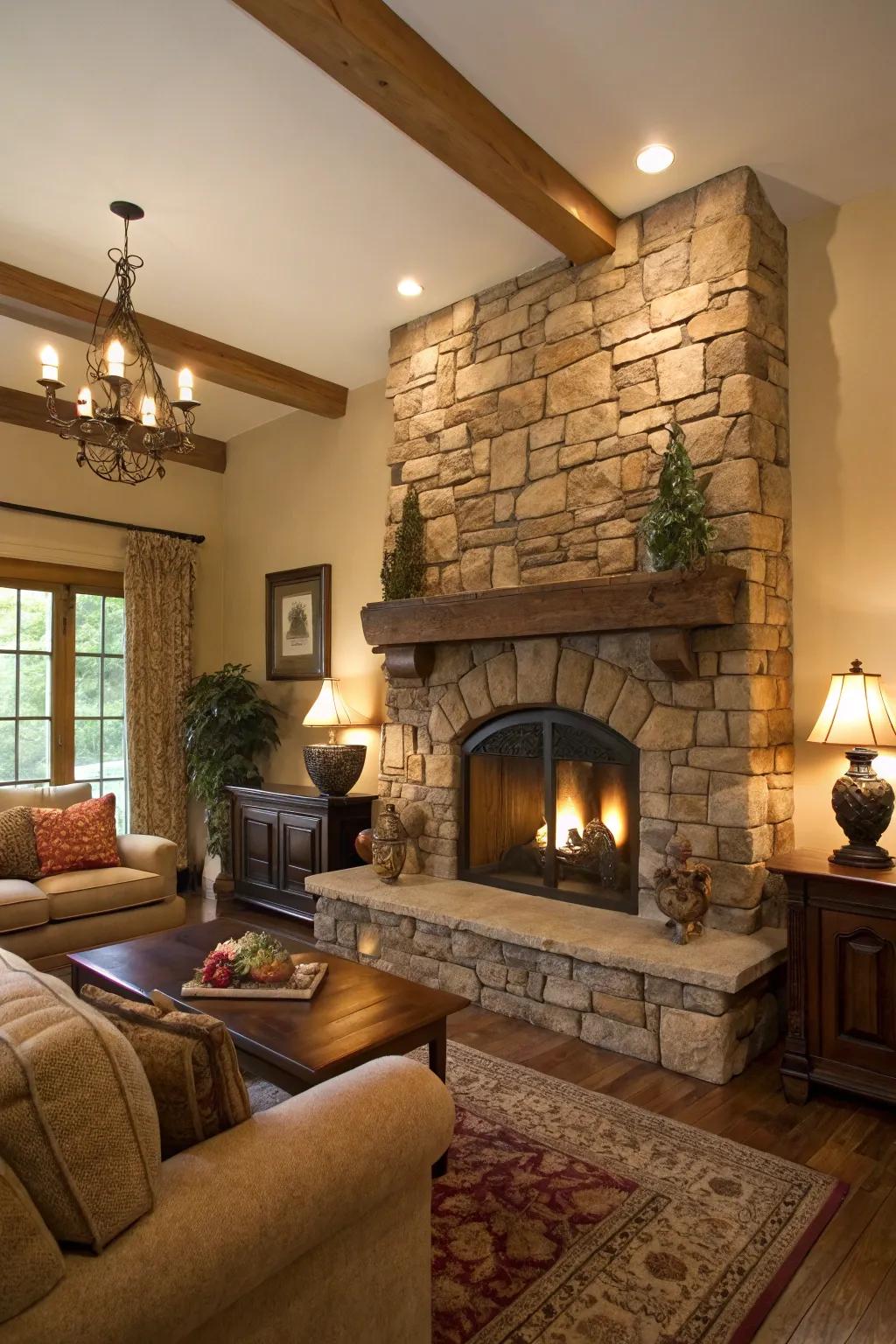 A living room spotlighting a rustic stone fireplace exterior, delivering timeless charm.