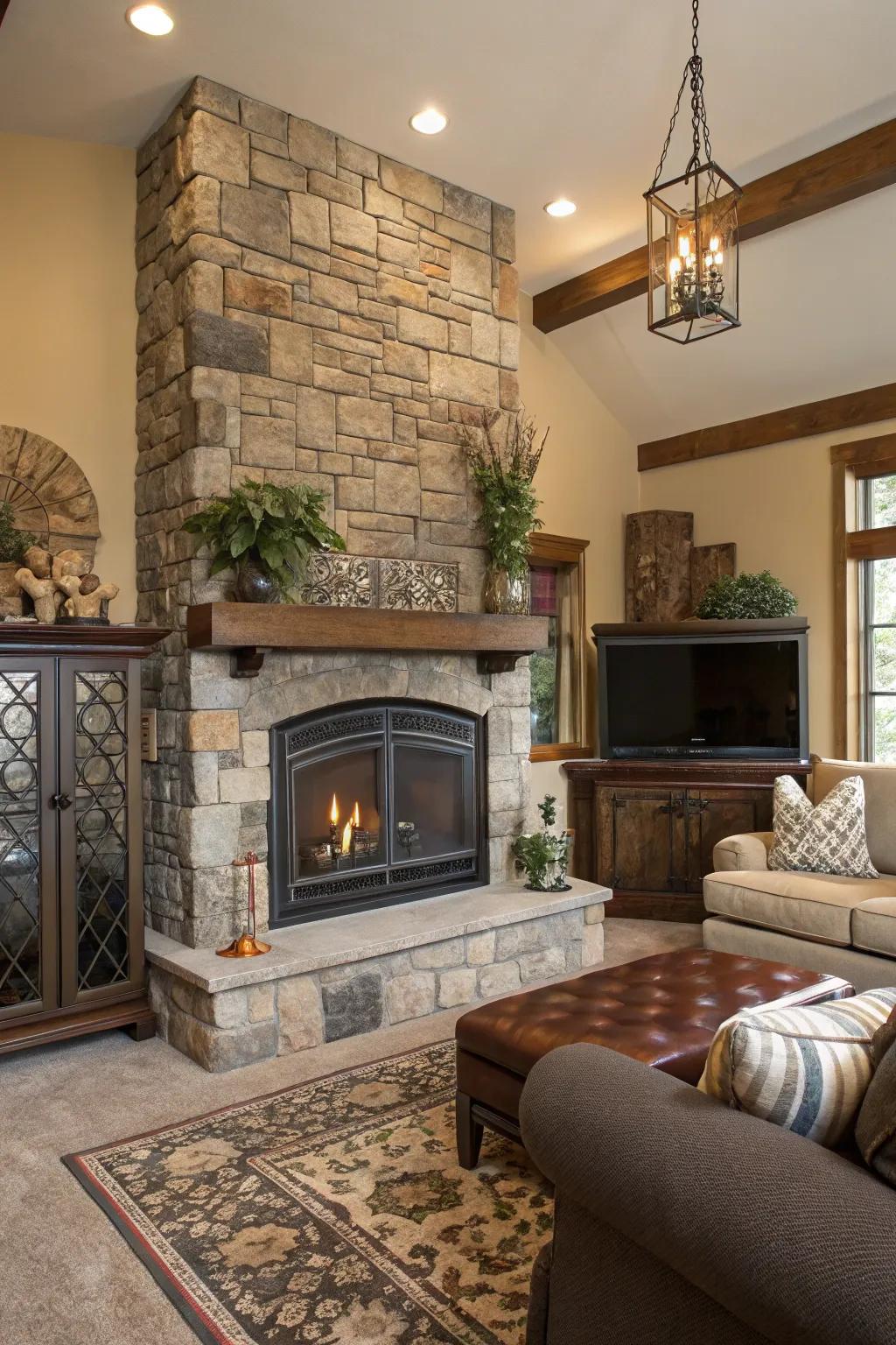A textured living room showcasing a central fireplace crafted from contrasting stone and metal.