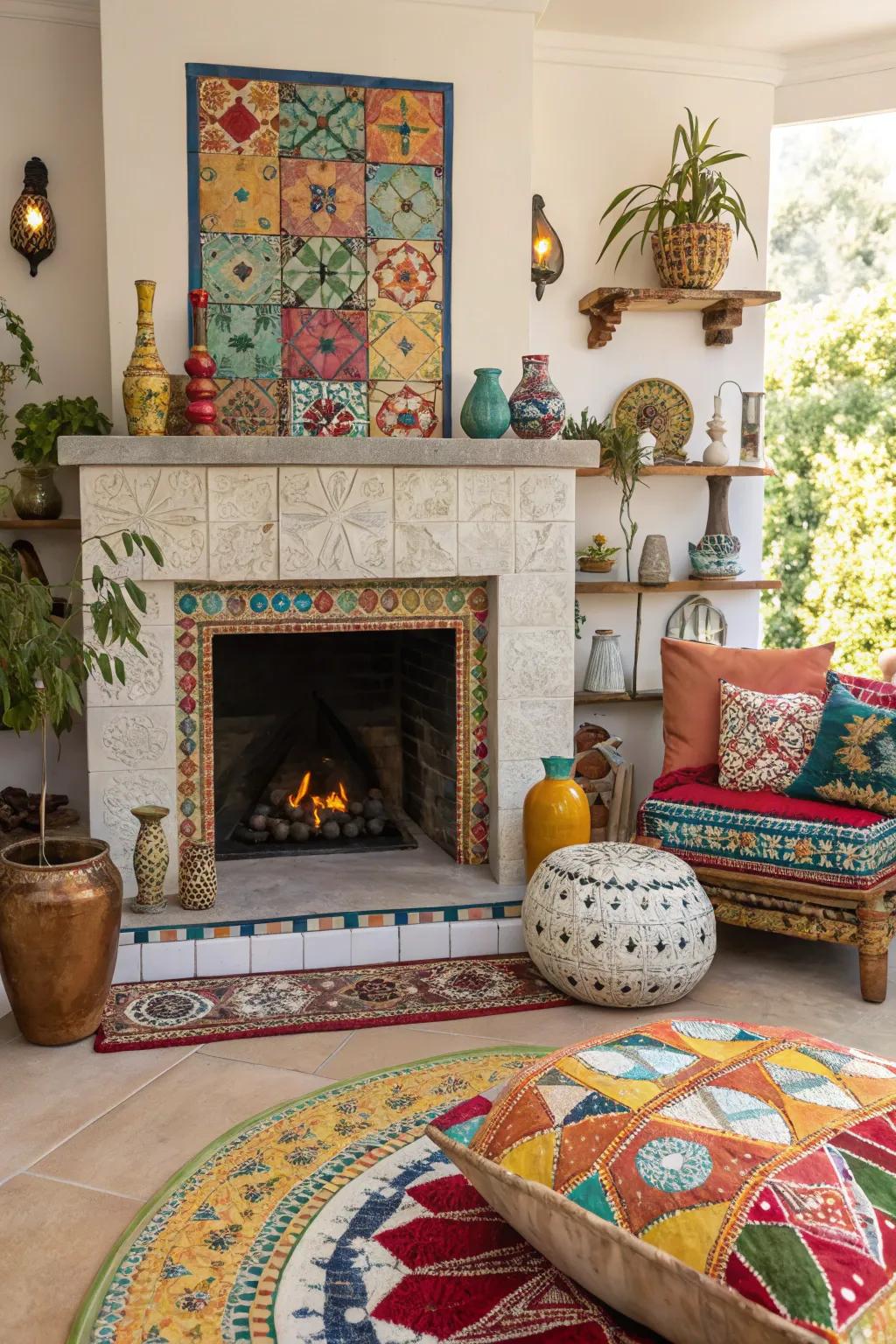 Eclectic mosaic tiles create a stunning focal point on this fireplace.