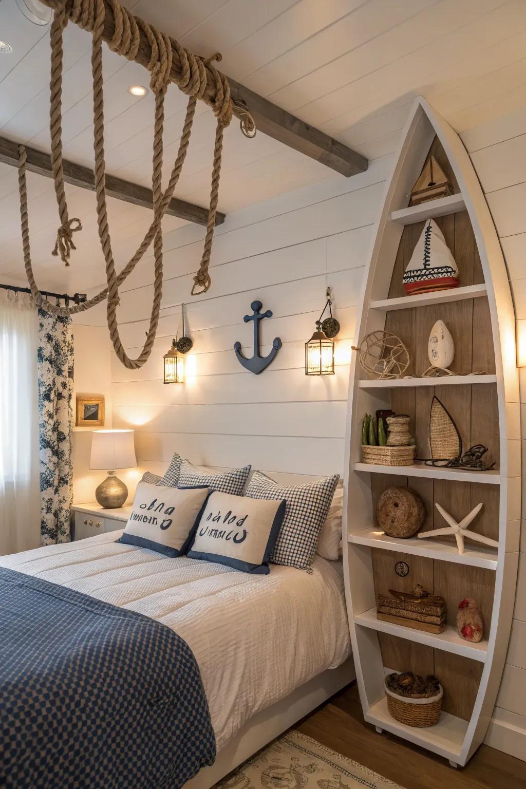 Boat-shaped furniture enhances the nautical theme in a playful way.