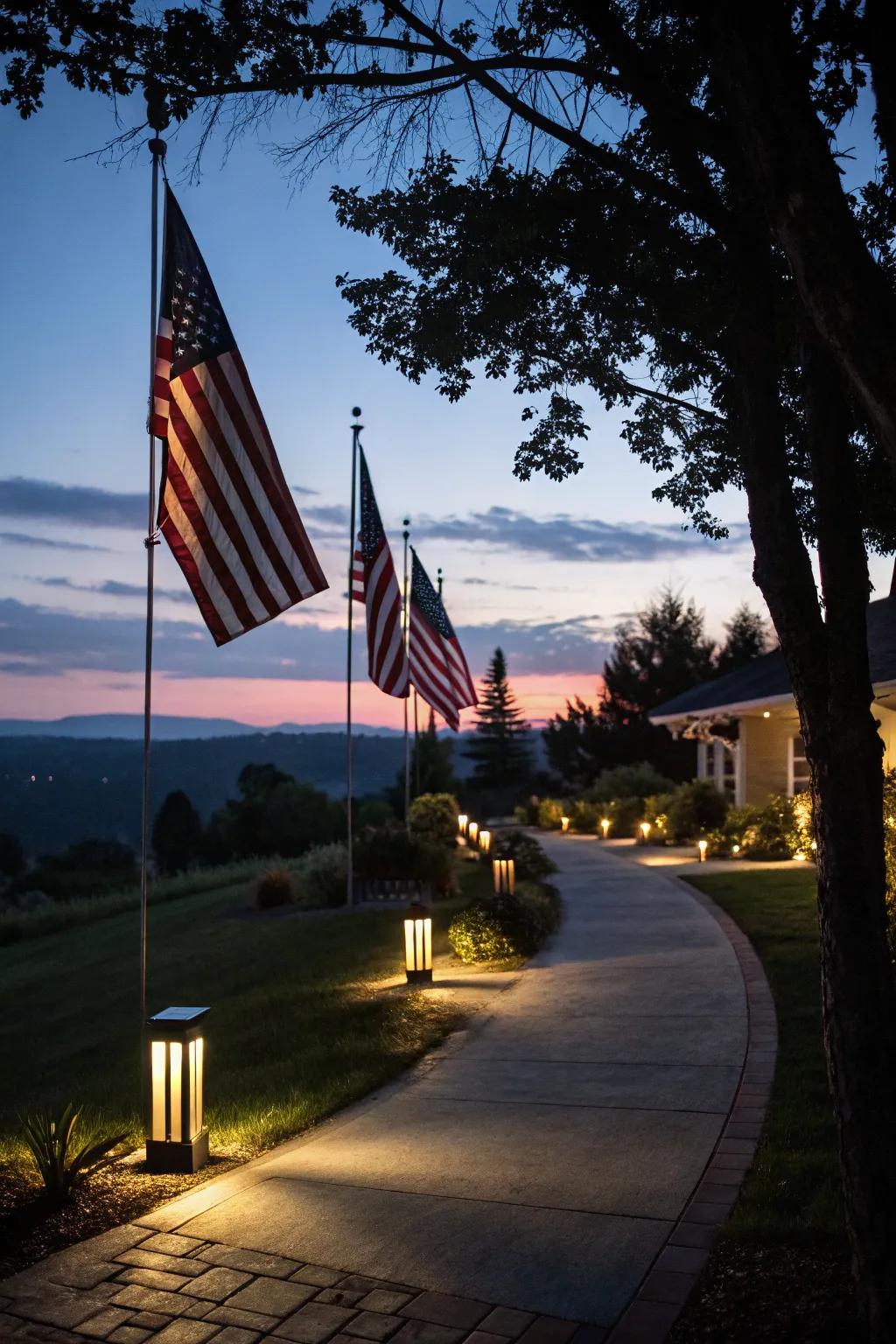 A rear lot access is exquisitely illuminated by gentle pathway lighting, crafting a pleasant radiance at twilight.