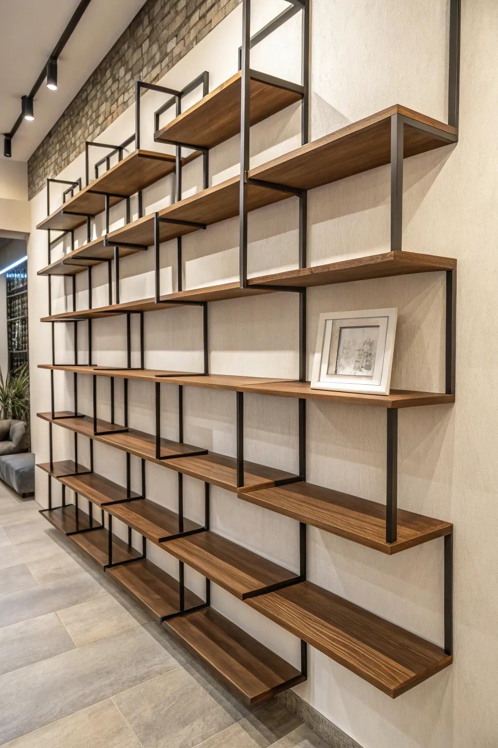 Layered floating shelves creating depth and visual interest.