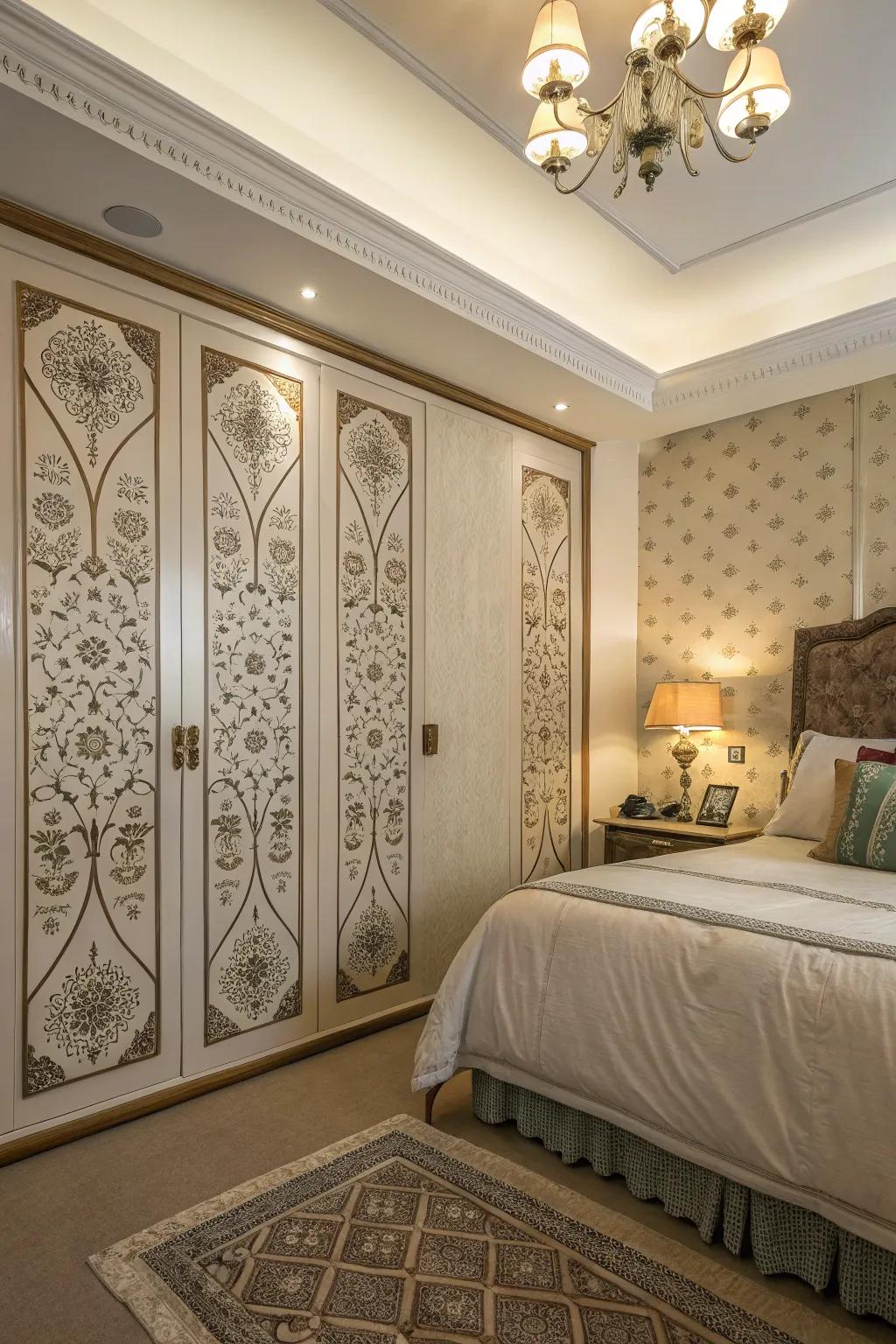 Decorative patterns on closet doors bring a unique touch to your decor.