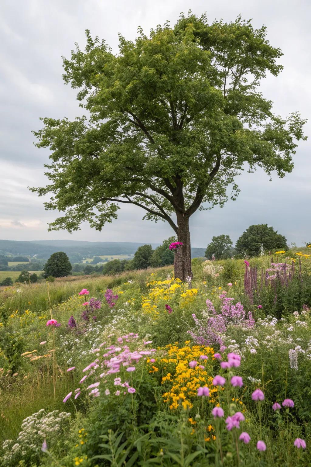 A wildflower enclave around a tree, providing sanctuary for pollinators.