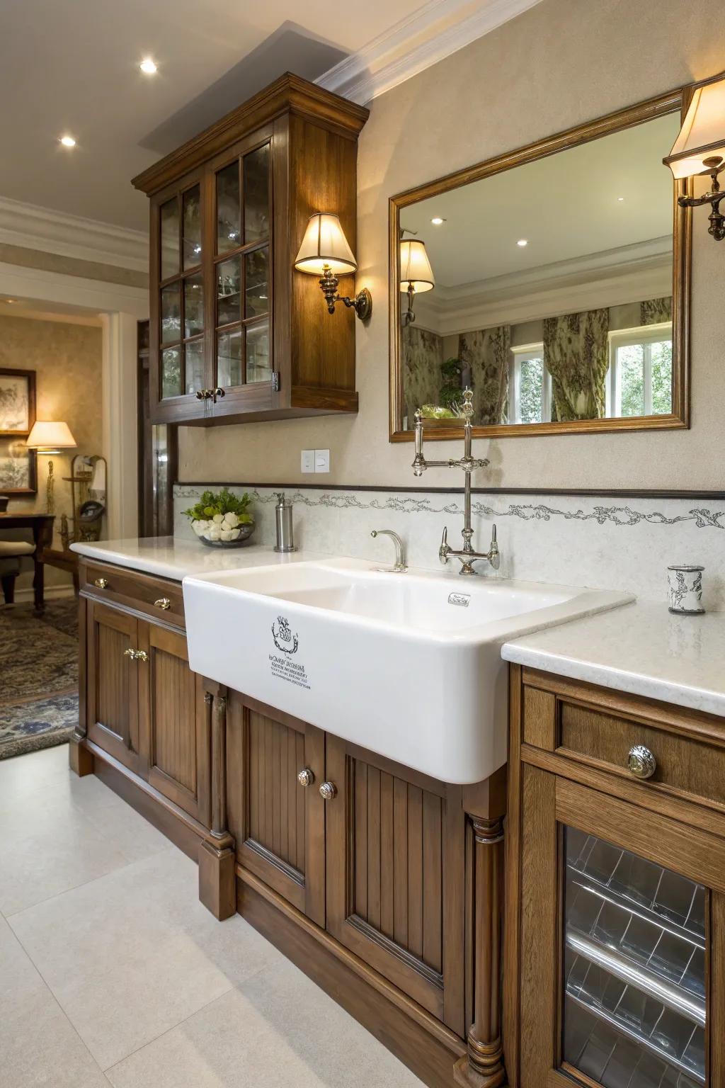 A classic and elegant kitchen with a porcelain free standing sink.