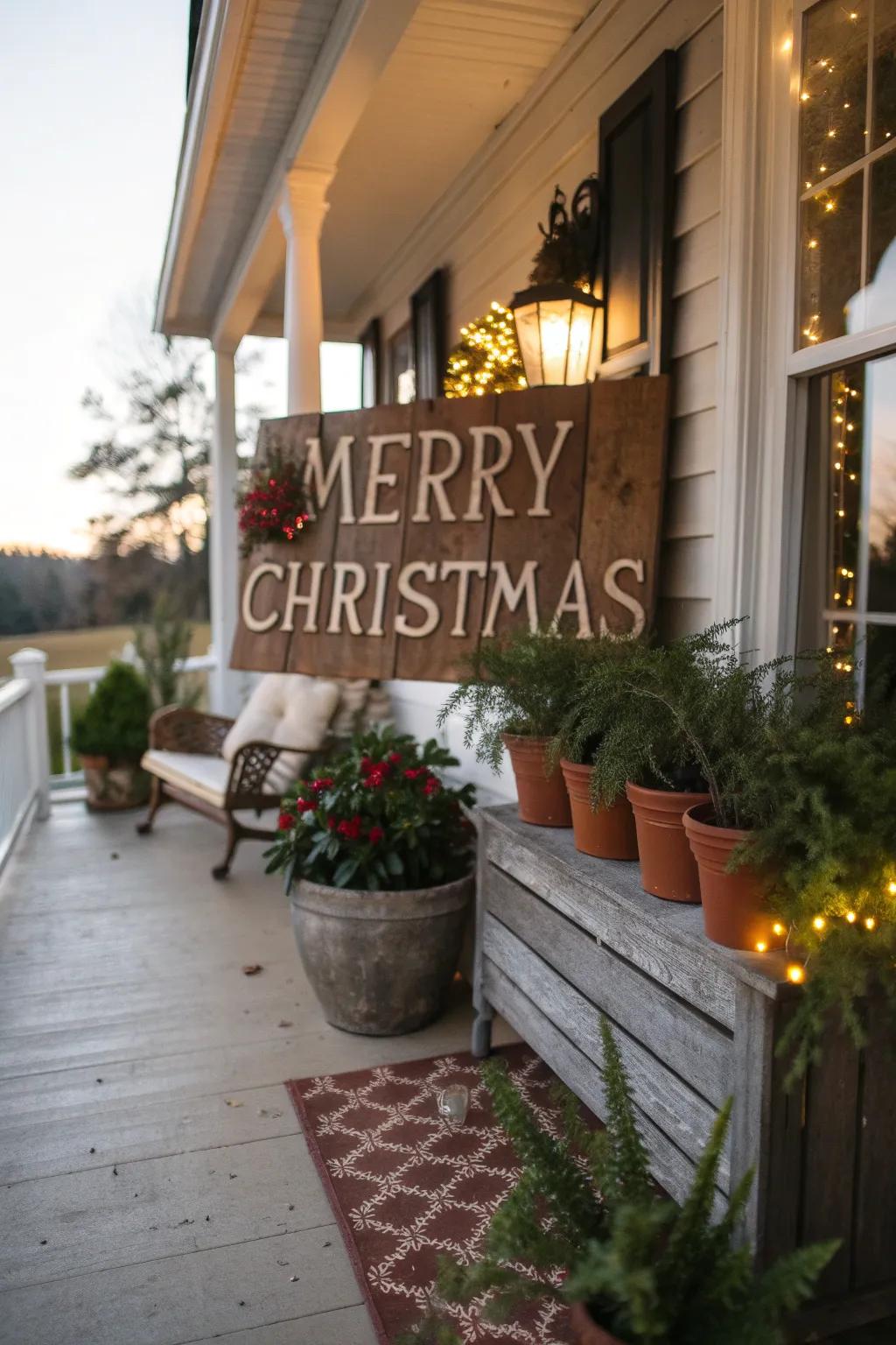 Rustic signs bring character and festive flair to your porch.