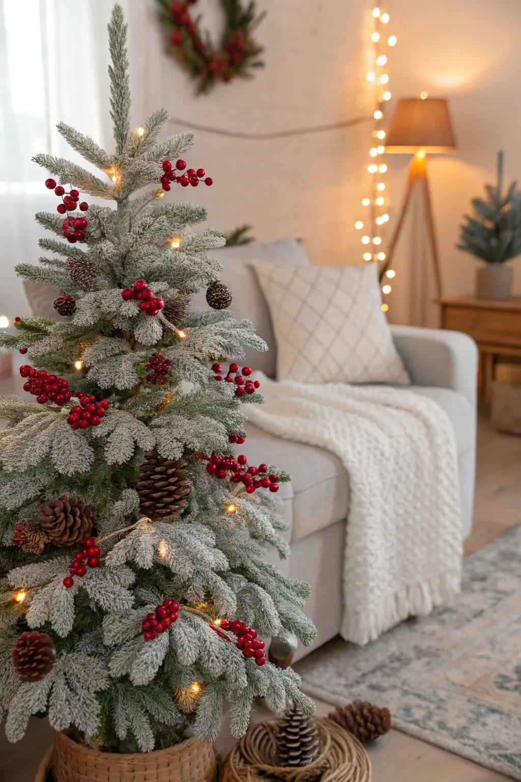 Red berry accents add a vibrant touch to this natural-themed tree.