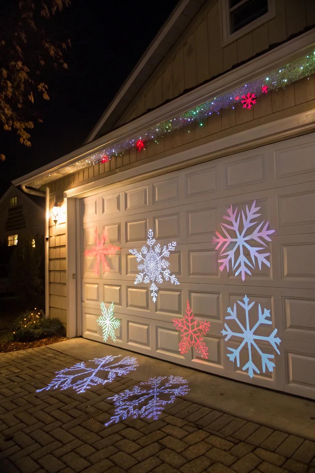 Garage door lit up with festive projection scenes.