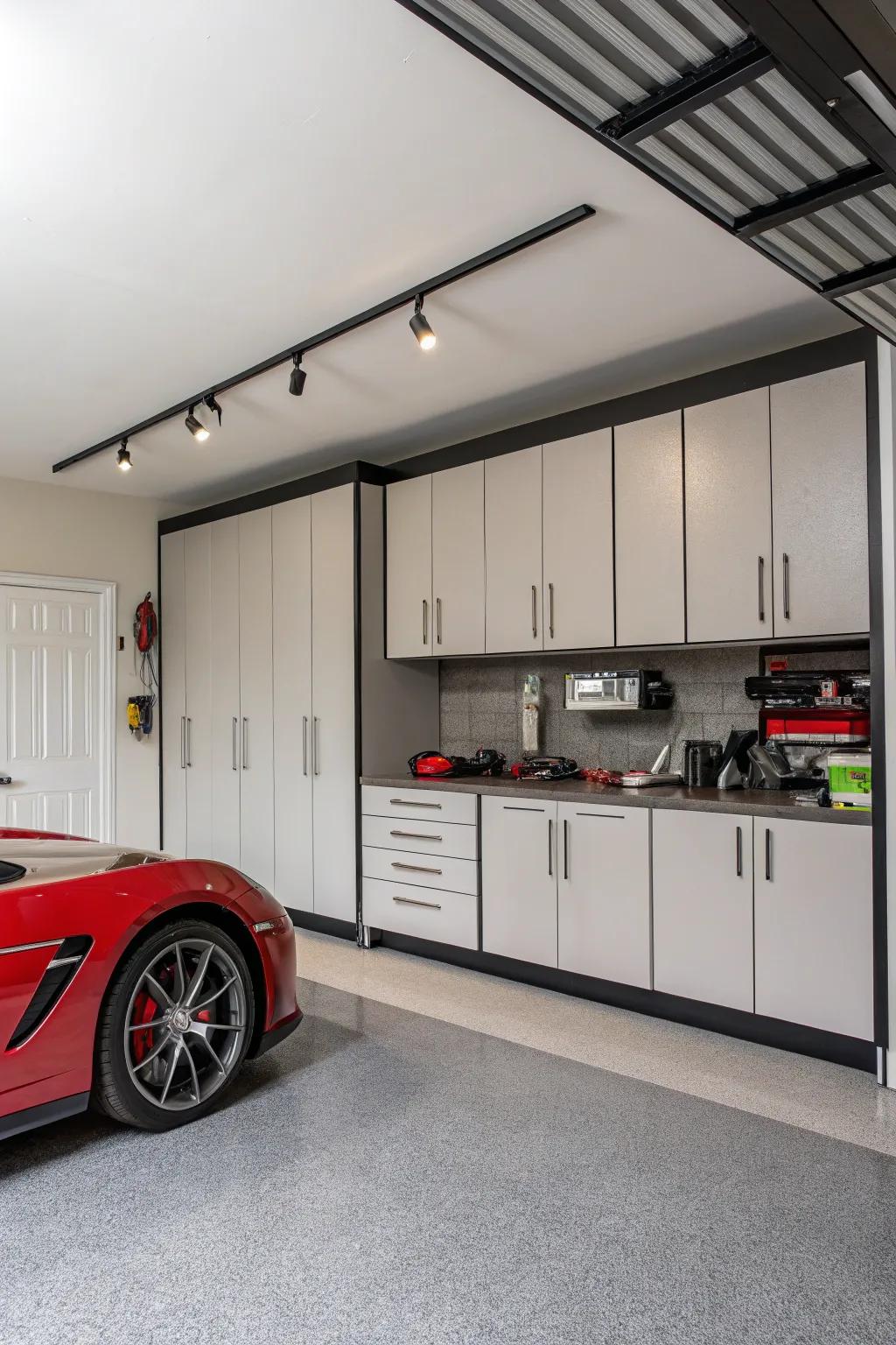 Custom cabinetry provides a polished and organized garage look.