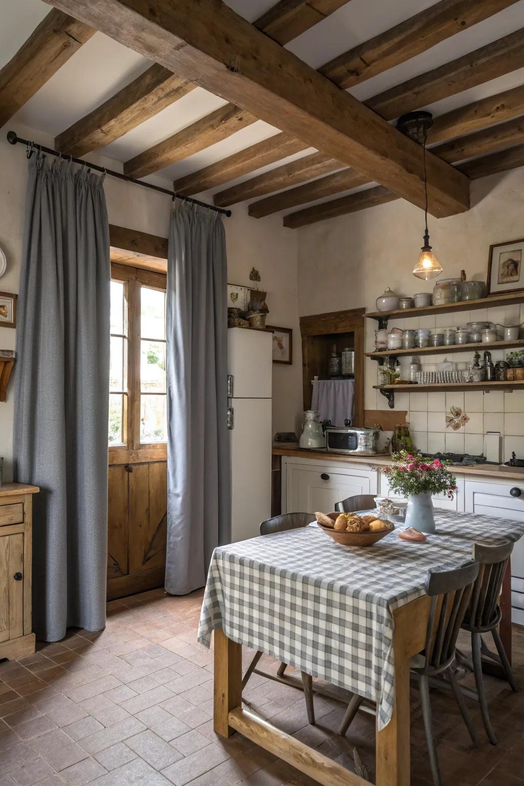 Rustic appeal featuring gray window coverings and wooden components.